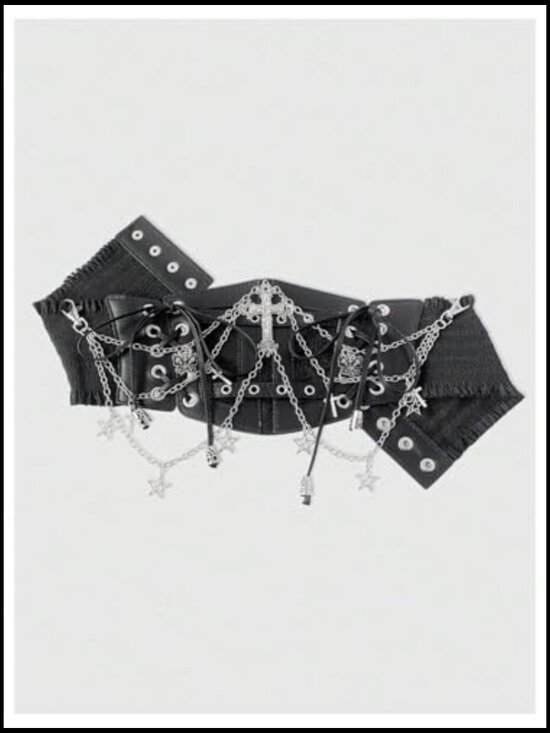 Faux Leather Corset Belt Chain Lace Up Side Elastic Waist Cincher main image 7